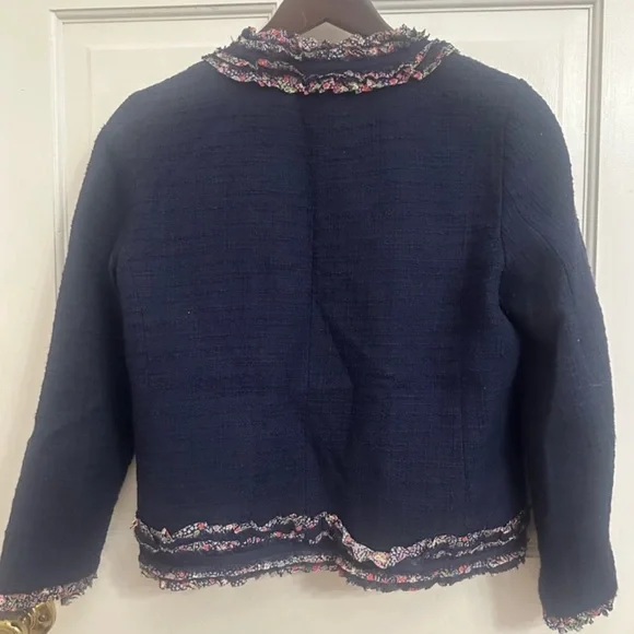 J. Crew Lady Jacket Navy Tweed Liberty London Floral Ruffle
Size 10 petite - Picture 6 of 12